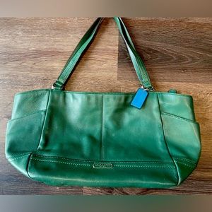 Coach Carrie Tote silver/Ivy with turquoise tag.